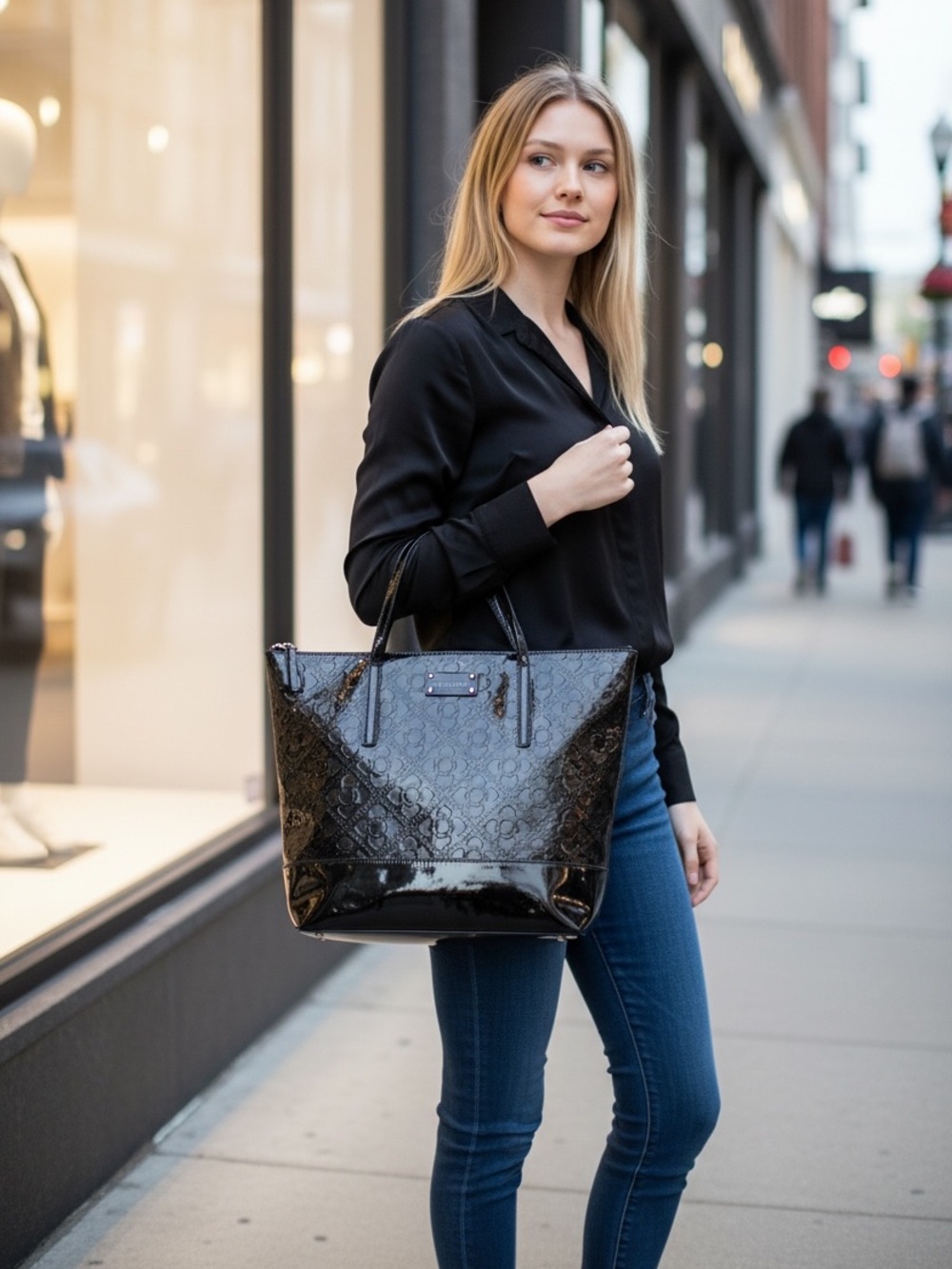 Kate Spade Black Patent Tote Embossed Spade Large Shoulder Bag